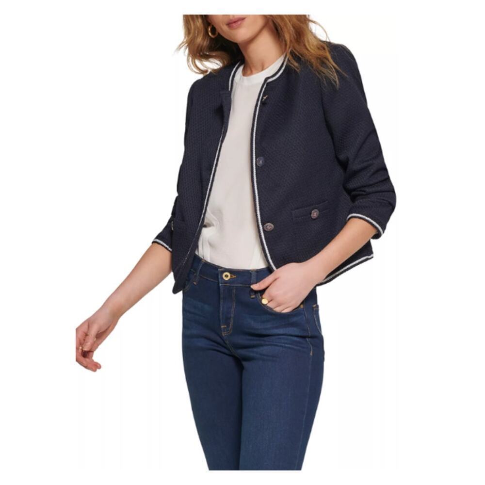Tommy Hilfiger Women's Blue Collarless Round Neck Jacket Size 8